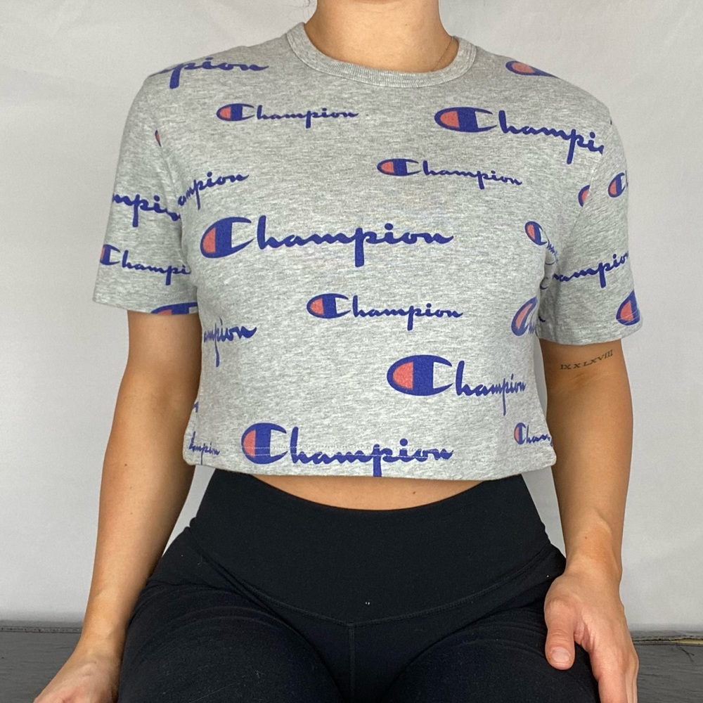 CHAMPION Short Sleeve Crop Top Gray Casual Workout Gym Yoga
